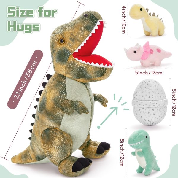 Dinosaur Stuffed Toy with 3 Baby Dinosaurs, Green/Pink/Grey, 23.6 Inches - Image 14