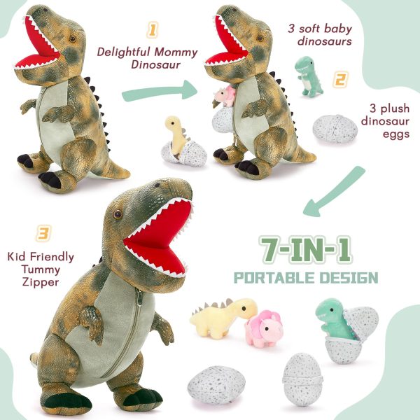 Dinosaur Stuffed Toy with 3 Baby Dinosaurs, Green/Pink/Grey, 23.6 Inches - Image 15