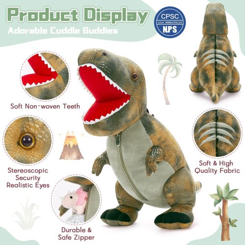 Dinosaur Stuffed Toy with 3 Baby Dinosaurs, Green/Pink/Grey, 23.6 Inches - Image 16