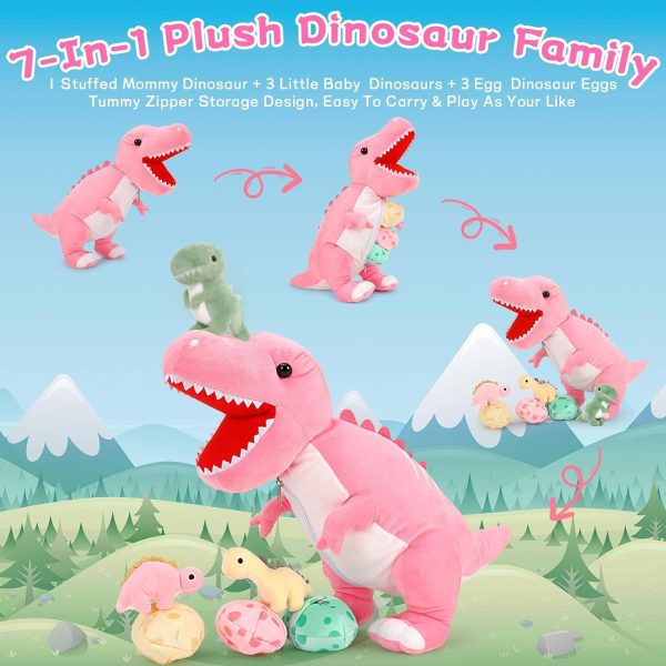 Dinosaur Stuffed Toy with 3 Baby Dinosaurs, Green/Pink/Grey, 23.6 Inches - Image 12