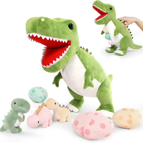 Dinosaur Stuffed Toy with 3 Baby Dinosaurs, Green/Pink/Grey, 23.6 Inches