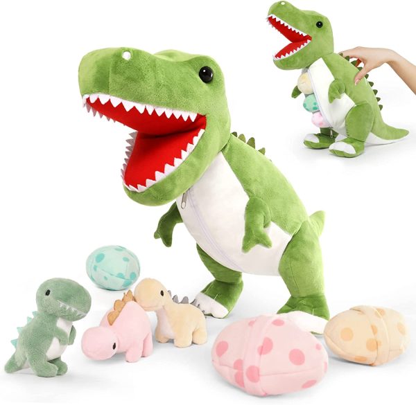 Dinosaur Stuffed Toy with 3 Baby Dinosaurs, Green/Pink/Grey, 23.6 Inches