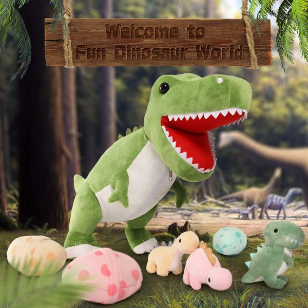 Dinosaur Stuffed Toy with 3 Baby Dinosaurs, Green/Pink/Grey, 23.6 Inches - Image 5