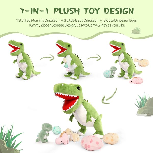 Dinosaur Stuffed Toy with 3 Baby Dinosaurs, Green/Pink/Grey, 23.6 Inches - Image 2