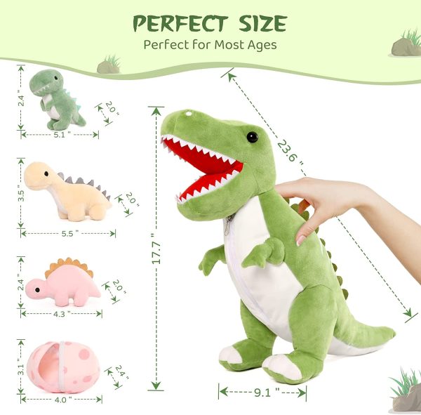 Dinosaur Stuffed Toy with 3 Baby Dinosaurs, Green/Pink/Grey, 23.6 Inches - Image 3