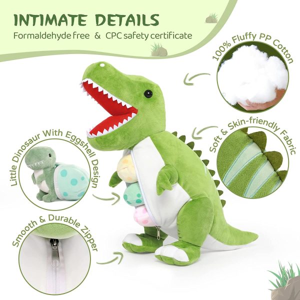 Dinosaur Stuffed Toy with 3 Baby Dinosaurs, Green/Pink/Grey, 23.6 Inches - Image 4